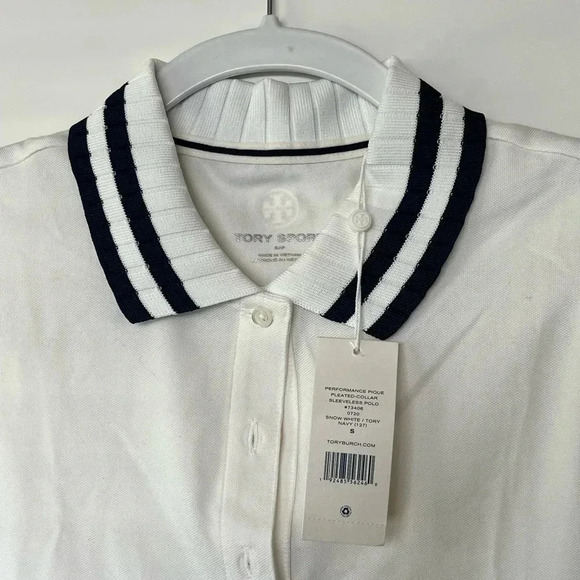 Tory Burch Performance Pleated Collar Sleeveless Polo - Picture 2 of 5